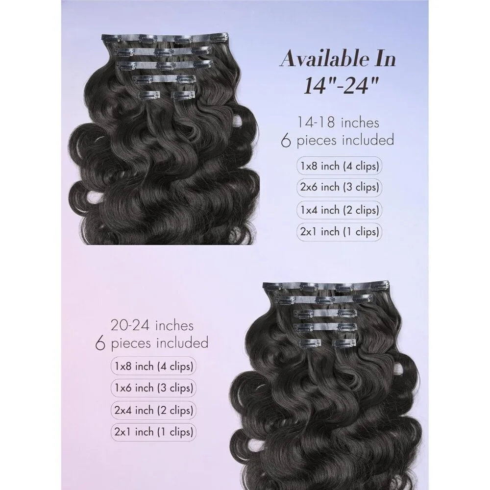 Hair Extensions Human Clip Ins Natural Black 14 in Body Wave 6Pcs